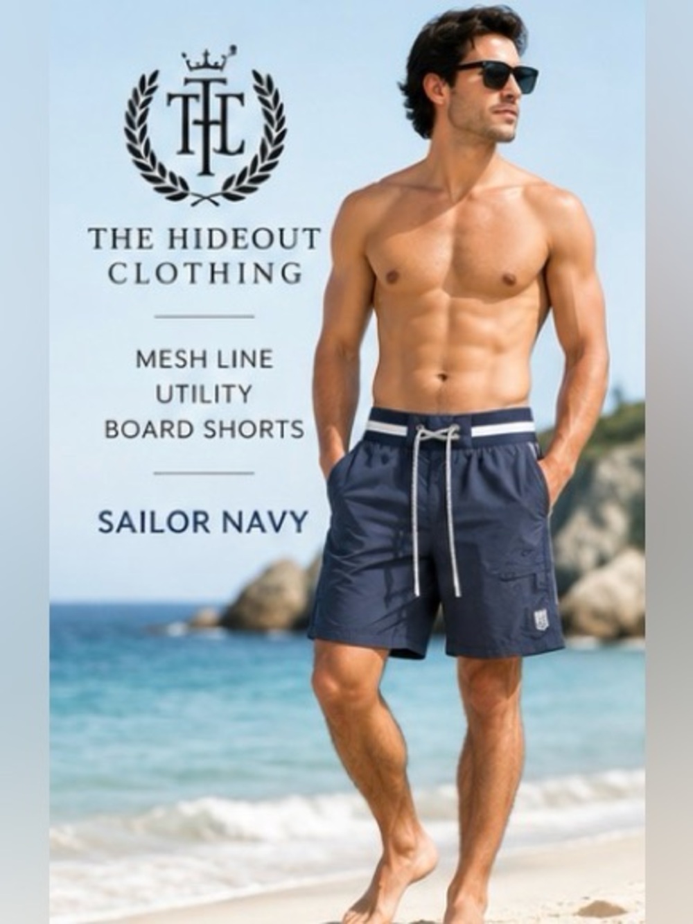 The Hideout Clothing Mesh Line Utility Board Shorts Navy S/30 NWT THC